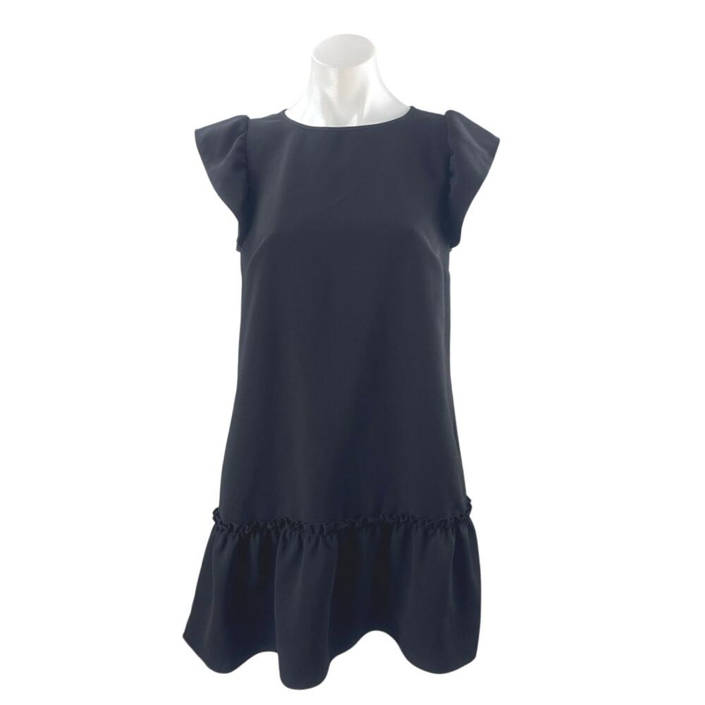 LOFT Women's Black Ruffle Cap Sleeve Mini Peplum Flare Flounce Shift Dress Sz S